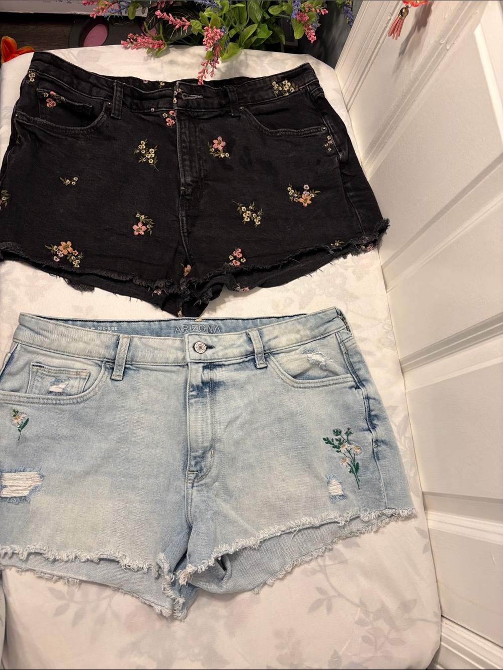 Arizona Jean Company Floral Embroidered Denim Shorts - Black & Light Blue 2 Pair